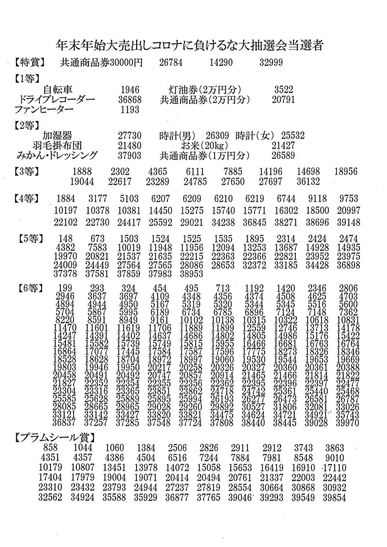 コロナに負けるな大抽選会」当選番号発表！ | 宮田村商工会